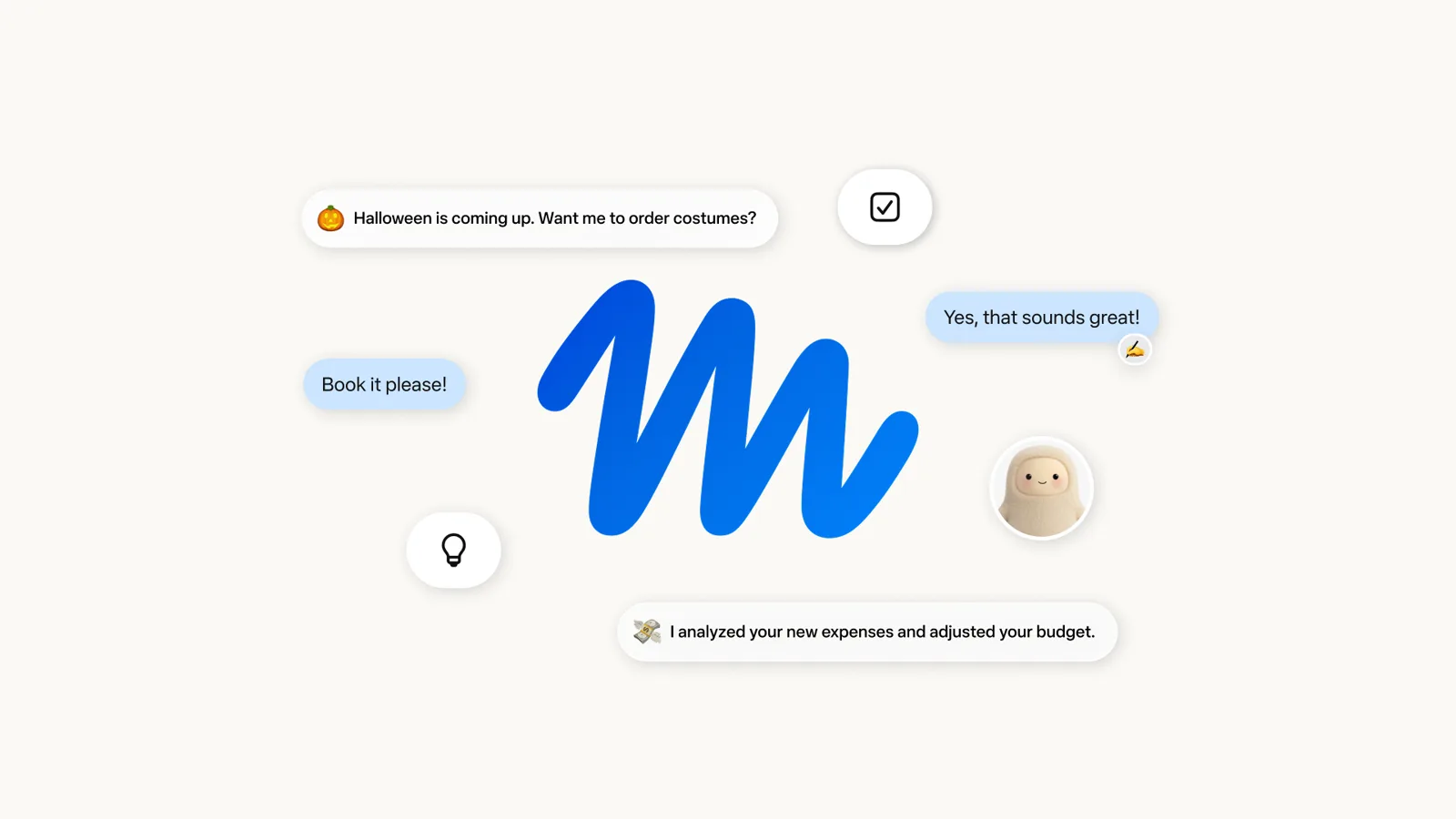 Meta Muse artwork: a blue M mark surrounded by chat bubbles about bookings, budgets, and costumes.
