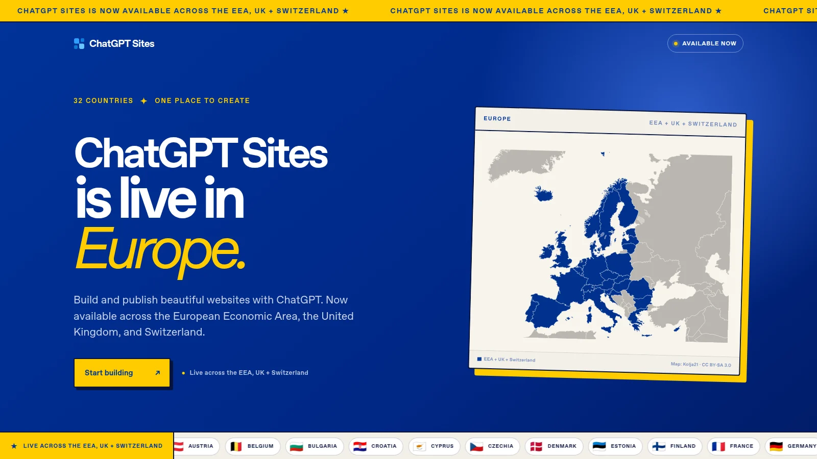 OpenAI ChatGPT Sites page announcing that Sites is live across the EEA, UK, and Switzerland, with a map of Europe.